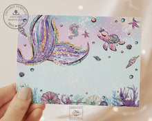 Load image into Gallery viewer, EDITABLE TEMPLATE Whimsical Mermaid Tail Thank You Note Printable, 4.25"x5.5" Card Birthday Pool Party Cute Under the Sea Baby Shower INSTANT Download MT1A