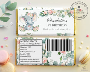 Cute Elephant Pink Floral Greenery Chocolate Bar Wrapper - Baby Shower Birthday Editable Template - Instant Download - EP10