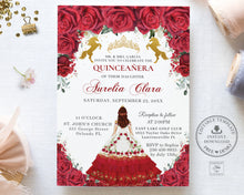 Load image into Gallery viewer, Red Roses Floral Gold Princess Crown Quinceañera Invitation Printable EDITABLE TEMPLATE Mis Quince 15 Años Charro Dress Horses Birthday QC19