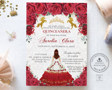 Load image into Gallery viewer, Red Roses Floral Gold Princess Crown Quinceañera Invitation Printable EDITABLE TEMPLATE Mis Quince 15 Años Charro Dress Horses Birthday QC19