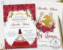 Load image into Gallery viewer, Red Roses Floral Gold Princess Crown Quinceañera Invitation Printable EDITABLE TEMPLATE Mis Quince 15 Años Charro Dress Horses Birthday QC19