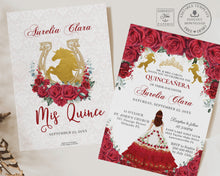 Load image into Gallery viewer, Red Roses Floral Gold Princess Crown Quinceañera Invitation Printable EDITABLE TEMPLATE Mis Quince 15 Años Charro Dress Horses Birthday QC19