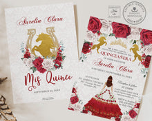 Load image into Gallery viewer, Red White Roses Floral Gold Quinceañera Invitation Printable EDITABLE TEMPLATE Mis Quince 15 Años Charro Dress Princess Horses Birthday QC19