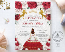Load image into Gallery viewer, Red White Roses Floral Gold Quinceañera Invitation Printable EDITABLE TEMPLATE Mis Quince 15 Años Charro Dress Princess Horses Birthday QC19