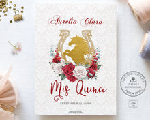 Load image into Gallery viewer, Red White Roses Floral Gold Quinceañera Invitation Printable EDITABLE TEMPLATE Mis Quince 15 Años Charro Dress Princess Horses Birthday QC19