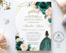 Load image into Gallery viewer, Emerald Green Blush Floral Quinceañera Invitation Printable INSTANT DOWNLOAD, Mis Quince 15 Anos Birthday Invite DIY Editable Template, QC20