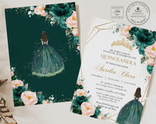 Load image into Gallery viewer, Emerald Green Blush Floral Quinceañera Invitation Printable INSTANT DOWNLOAD, Mis Quince 15 Anos Birthday Invite DIY Editable Template, QC20