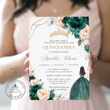 Load image into Gallery viewer, Emerald Green Blush Floral Quinceañera Invitation Printable INSTANT DOWNLOAD, Mis Quince 15 Anos Birthday Invite DIY Editable Template, QC20