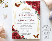 Load image into Gallery viewer, Red Floral Butterflies Quinceañera Invitation EDITABLE TEMPLATE, Mis Quince 15 Anos Sweet 16 Birthday Instant Download PDF Printable, QC13