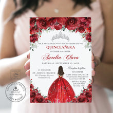 Load image into Gallery viewer, Red Floral Roses Silver Quinceañera Invitation EDITABLE TEMPLATE Mis Quince 15 Anos 16th Birthday Invite Diy Digital Printable QC13