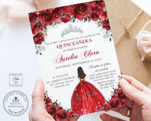 Load image into Gallery viewer, Red Floral Roses Silver Quinceañera Invitation EDITABLE TEMPLATE Mis Quince 15 Anos 16th Birthday Invite Diy Digital Printable QC13
