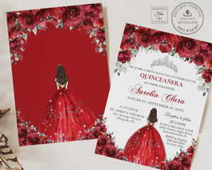Red Floral Roses Silver Quinceañera Invitation EDITABLE TEMPLATE Mis Quince 15 Anos 16th Birthday Invite Diy Digital Printable QC13