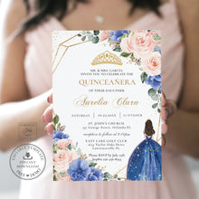 Load image into Gallery viewer, Princess Tiara Blue Blush Pink Floral Quinceanera 15th Birthday Invitation Editable Template - Digital Printable File - Instant Download - QC2