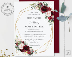 Rustic Burgundy Blush Floral Wedding Invitation Bundle EDITABLE TEMPLATE - Instant Download - Digital Printable File - RB1