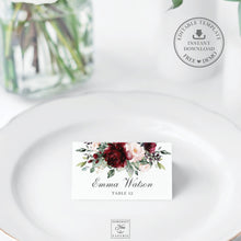 Load image into Gallery viewer, Chic Burgundy Blush Pink Floral Place Card - Wedding Editable Template - Instant Download - RB1