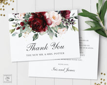 Load image into Gallery viewer, Chic Burgundy Blush Floral Wedding Folded Thank You Card Editable Template - Instant Download - Digital Printable File - RB1
