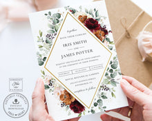 Load image into Gallery viewer, Elegant Rich Burgundy Burnt Orange Blush Ivory Floral Rhombus Wedding Invitation - Editable Template - Digital Printable File - Instant Download - RB3