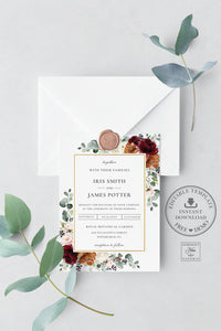 Elegant Rich Burgundy Burnt Orange Blush Ivory Floral Wedding Invitation - Editable Template - Digital Printable File - Instant Download - RB3