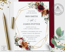 Load image into Gallery viewer, Chic Burgundy Rust Burnt Orange Blush Floral Wedding Invitation Bundle Set - Editable Template - Digital Printable File - Instant Download - RB3