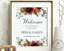 Load image into Gallery viewer, Burgundy Burnt Orange Blush Floral Wedding Welcome Sign Editable Template - Digital Printable File - Instant Download - RB3
