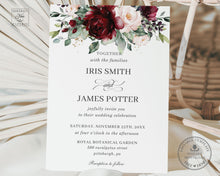 Load image into Gallery viewer, Chic Burgundy Blush Pink Floral Roses Wedding Invitation - Editable Template - Digital Printable File - Instant Download - RB1
