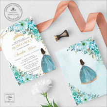 Load image into Gallery viewer, Turquoise Blue Green Floral Princess Quinceañera Invitation Mis Quince 15 Anos Birthday Invite Diy Editable Template, Digital Printable File, QC10