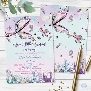 Whimsical Pink Mermaid Tail Baby Shower Invitation Editable Template - Instant Download - Digital Printable File - MT2