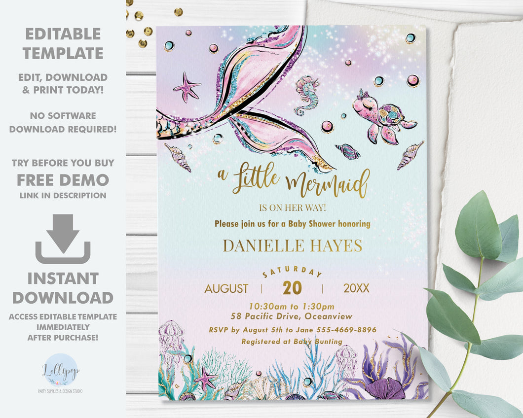 Chic Pink Mermaid Tail Baby Shower Invitation Editable Template - Instant Download - Digital Printable File - MT2