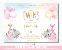 Load image into Gallery viewer, Whimsical Twin Girls Elephant Baby Shower Invitation Editable Template - Instant Download - Digital Printable File - EP3