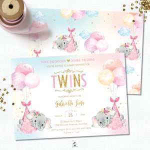 Whimsical Twin Girls Elephant Baby Shower Invitation Editable Template - Instant Download - Digital Printable File - EP3