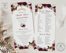 Load image into Gallery viewer, Blush Burgundy Floral Gold Quinceañera XV Birthday Slim Program Order of Events Padrinos Editable Template Digital Instant Download QC1
