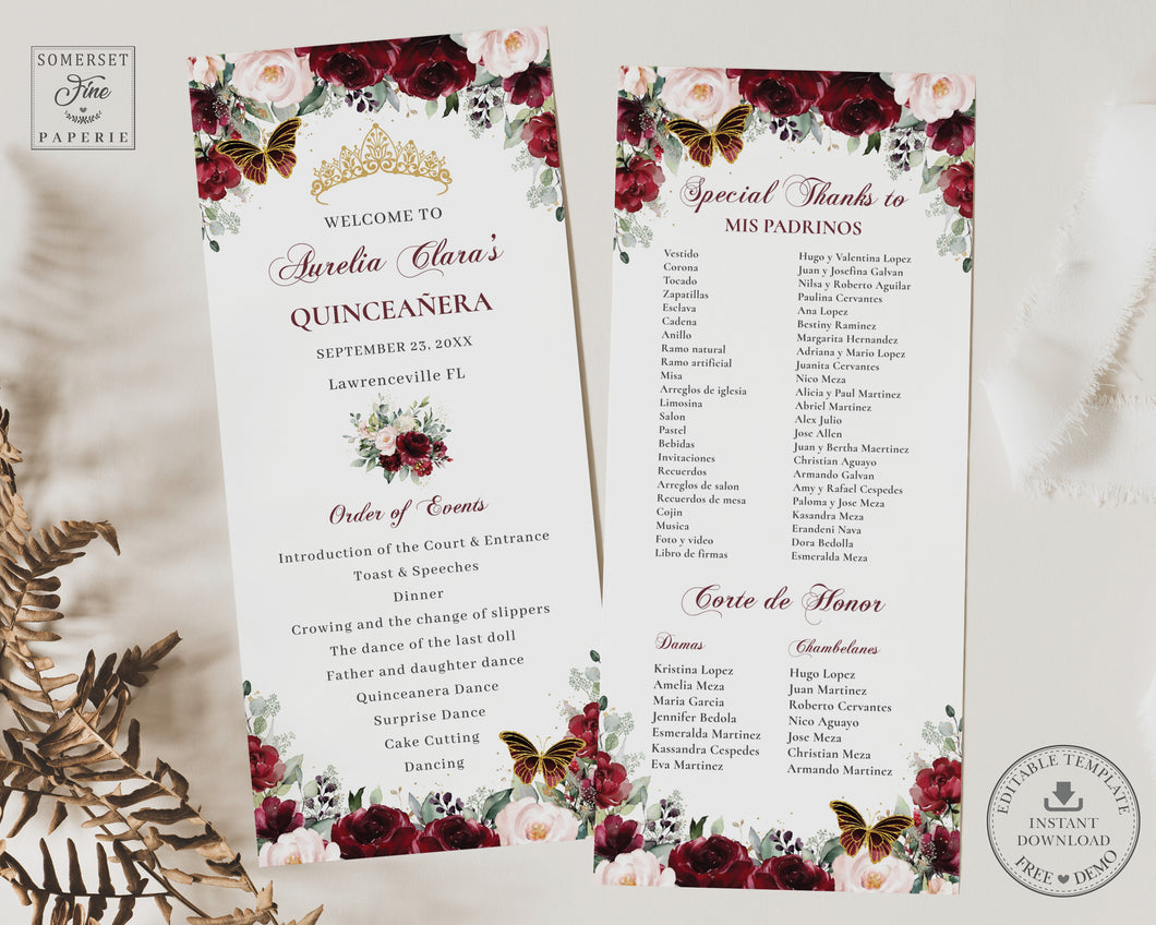 Blush Burgundy Floral Gold Quinceañera XV Birthday Slim Program Order of Events Padrinos Editable Template Digital Instant Download QC1