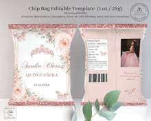 Load image into Gallery viewer, Chip Bag EDITABLE TEMPLATE Blush Floral Butterflies Rose Gold Quinceañera Sweet 16 Birthday Favor Instant Download Printable QC45
