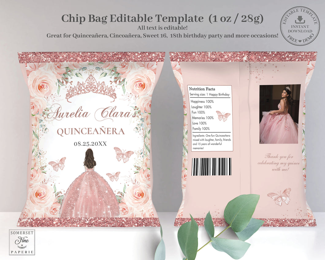 Chip Bag EDITABLE TEMPLATE Blush Floral Princess Dress Rose Gold Quinceañera Sweet 16 Birthday Favor Instant Download Printable QC45