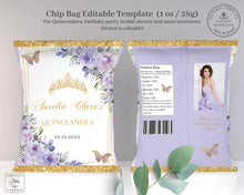 Load image into Gallery viewer, Chip Bag EDITABLE TEMPLATE Purple Lilac Floral Butterflies Gold Quinceañera Sweet 16 Birthday Favor Instant Download Printable QC3
