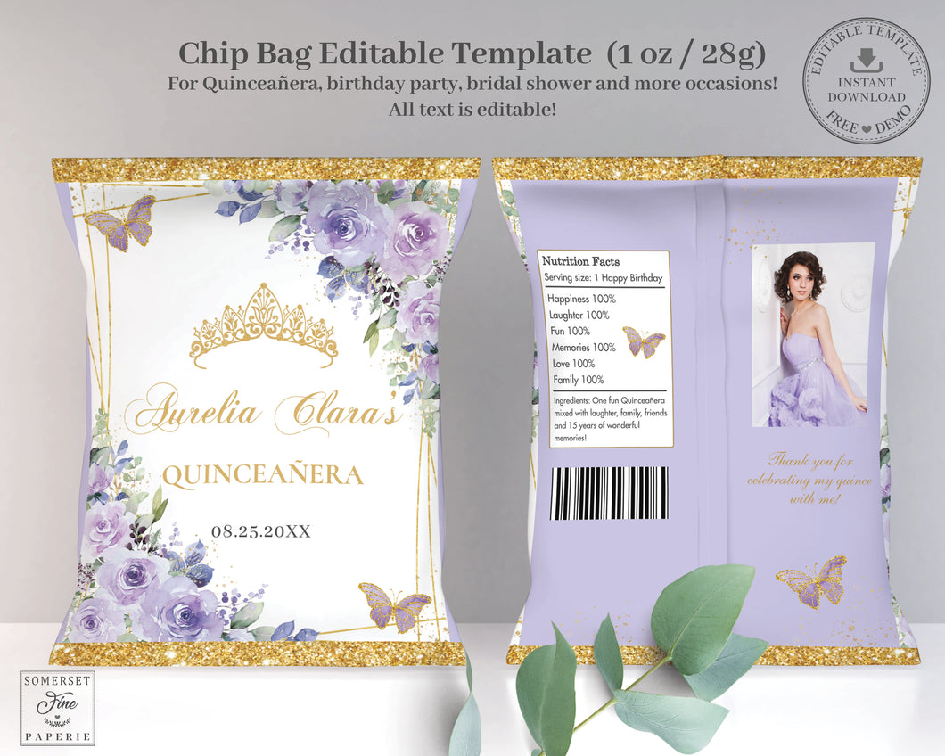 Chip Bag EDITABLE TEMPLATE Purple Lilac Floral Butterflies Gold Quinceañera Sweet 16 Birthday Favor Instant Download Printable QC3