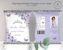 Load image into Gallery viewer, Chip Bag EDITABLE TEMPLATE Purple Lilac Floral Butterflies Silver Quinceañera Sweet 16 Birthday Favor Instant Download Printable QC3
