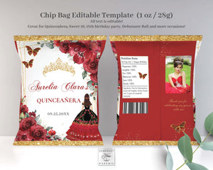 Chip Bag EDITABLE TEMPLATE Red Floral Princess Charro Dress Gold Quinceañera Sweet 16 Birthday Favor Instant Download Printable QC13