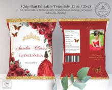 Load image into Gallery viewer, Chip Bag EDITABLE TEMPLATE Red Floral Princess Gold Quinceañera Sweet 16 XV Birthday Favor Instant Download Printable QC13
