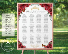 Load image into Gallery viewer, Vibrant Red Floral Gold Quinceañera Sweet 16 Birthday Seating Chart Sign Editable Template - Digital Printable Files - Instant Download - QC13
