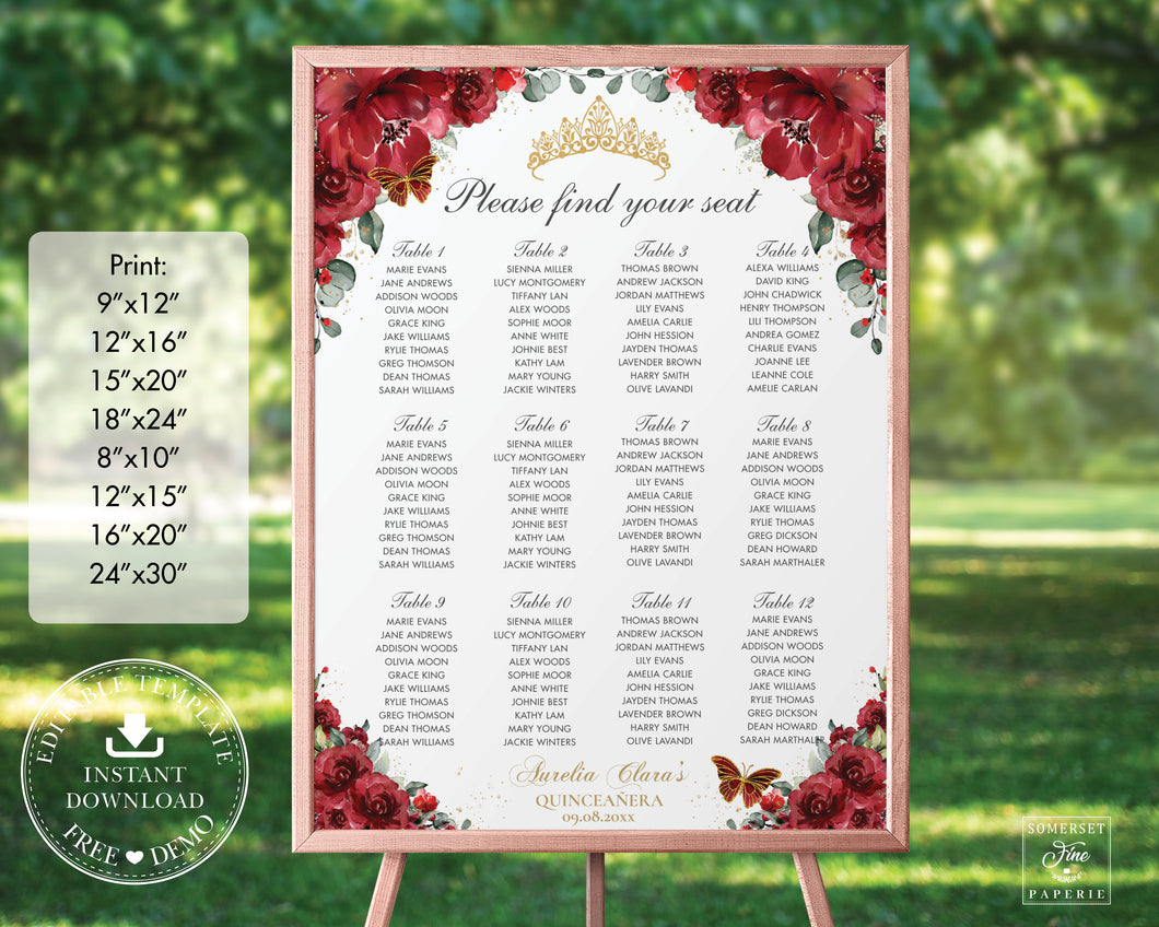 Vibrant Red Floral Gold Quinceañera Sweet 16 Birthday Seating Chart Sign Editable Template - Digital Printable Files - Instant Download - QC13