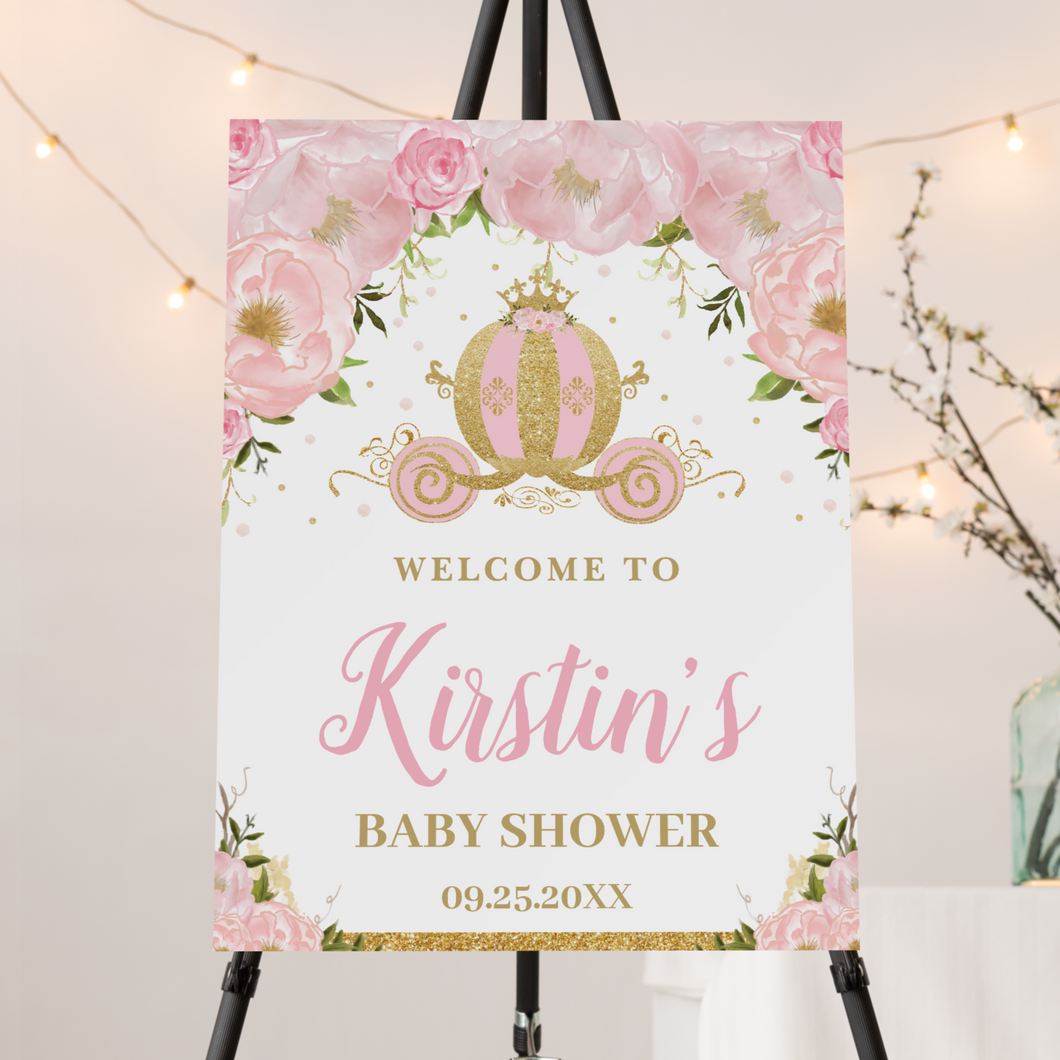 Pink Floral Princess Carriage Baby Shower Welcome Foam Board