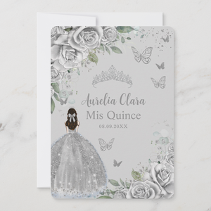 Silver Roses Floral Quinceanera Sweet 16 Birthday Invitation Card