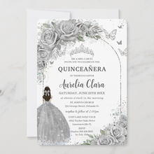 Load image into Gallery viewer, Silver Roses Floral Quinceanera Sweet 16 Birthday Invitation Card
