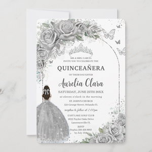 Silver Roses Floral Quinceanera Sweet 16 Birthday Invitation Card