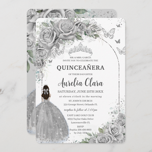 Silver Roses Floral Quinceanera Sweet 16 Birthday Invitation Card