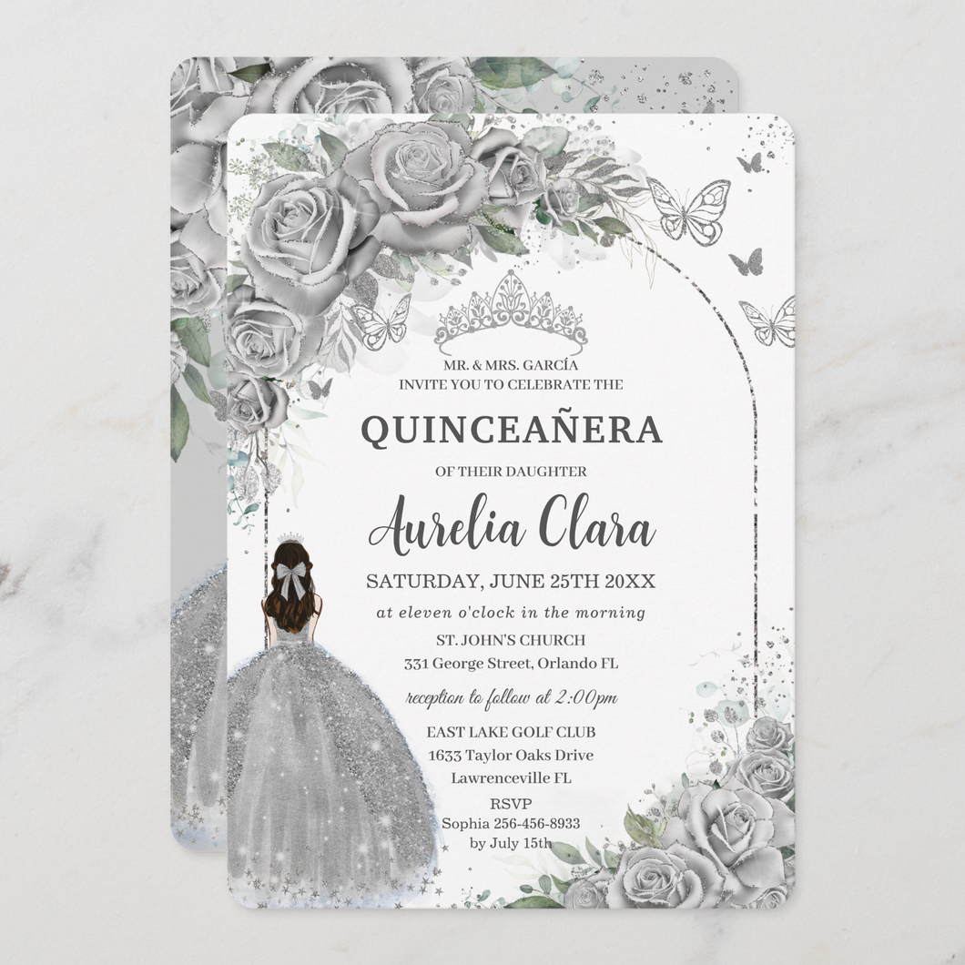 Silver Roses Floral Quinceanera Sweet 16 Birthday Invitation Card