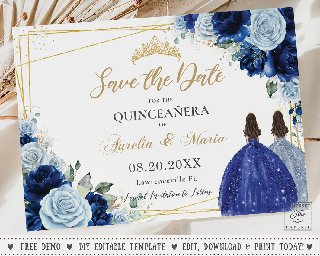 Chic Baby Blue Royal Blue Floral Twins Quince Girls Quinceañera Sweet 16 Birthday Save the Date Editable Template - Digital Printable File - Instant Download - QC92