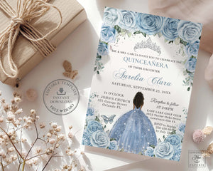 Baby Blue Floral Silver Brown Princess Quinceañera Sweet 16 Invitation Value Bundle Editable Templates, Instant Download, QC18