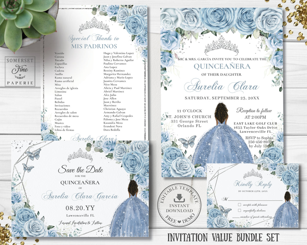 Baby Blue Floral Silver Brown Princess Quinceañera Sweet 16 Invitation Value Bundle Editable Templates, Instant Download, QC18